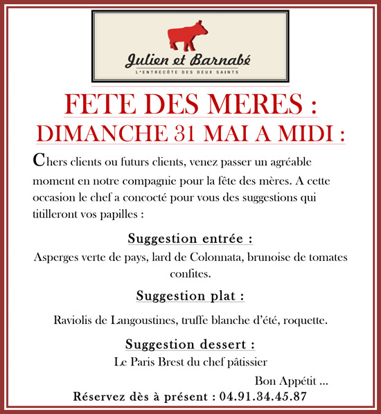 FETE DES MERES : DIMANCHE 31 MAI A MIDI